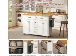 Merax Isla de cocina con ruedas - 140 x 65 x 89 cm - con encimera extensible + 5 cajones + 4 puertas - Blanco New