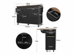 Merax Isla Cocina|Isla de cocina con ruedas - 140 x 45 x 90 cm - con encimera extensible + 4 puertas + 2 cajones - Metal + MDF -