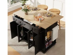Isla Cocina|Isla de cocina con tablero abatible, separadores extraíbles, aparador de cristal templado, MDF y metal, color y natural (151,5x60x91,7 cm)