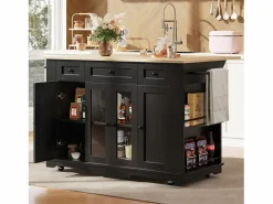 Isla Cocina|Isla de cocina con tablero abatible, separadores extraíbles, aparador de cristal templado, MDF y metal, color y natural (151,5x60x91,7 cm)