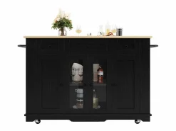 Isla Cocina|Isla de cocina con tablero abatible, separadores extraíbles, aparador de cristal templado, MDF y metal, color y natural (151,5x60x91,7 cm)
