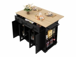 Isla Cocina|Isla de cocina con tablero abatible, separadores extraíbles, aparador de cristal templado, MDF y metal, color y natural (151,5x60x91,7 cm)