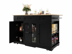 Isla Cocina|Isla de cocina con tablero abatible, separadores extraíbles, aparador de cristal templado, MDF y metal, color y natural (151,5x60x91,7 cm)