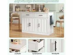 Isla de cocina con tomas de corriente, puertos USB, estantes ajustables y barra (120x60x91cm)^ New