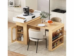 Merax Isla Cocina|Isla de cocina extensible con ruedas y tablero abatible - 83 x 46 x 96 cm - mesa alta con puerta y cajón - MDF + cristal - natural