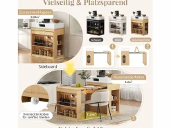 Merax Isla Cocina|Isla de cocina extensible con ruedas y tablero abatible - 83 x 46 x 96 cm - mesa alta con puerta y cajón - MDF + cristal - natural