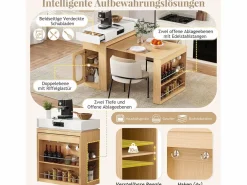 Merax Isla Cocina|Isla de cocina extensible con ruedas y tablero abatible - 83 x 46 x 96 cm - mesa alta con puerta y cajón - MDF + cristal - natural