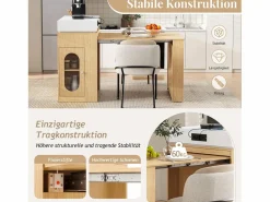 Merax Isla Cocina|Isla de cocina extensible con ruedas y tablero abatible - 83 x 46 x 96 cm - mesa alta con puerta y cajón - MDF + cristal - natural