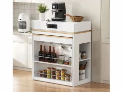 Merax Isla de cocina extensible con ruedas y tablero abatible - 83 x 46 x 96 cm - mesa alta con puerta y cajón - MDF + cristal - Blanco