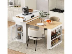 Merax Isla de cocina extensible con ruedas y tablero abatible - 83 x 46 x 96 cm - mesa alta con puerta y cajón - MDF + cristal - Blanco