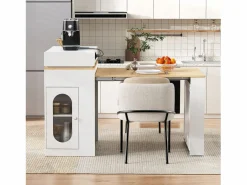 Merax Isla de cocina extensible con ruedas y tablero abatible - 83 x 46 x 96 cm - mesa alta con puerta y cajón - MDF + cristal - Blanco