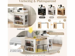 Merax Isla de cocina extensible con ruedas y tablero abatible - 83 x 46 x 96 cm - mesa alta con puerta y cajón - MDF + cristal - Blanco