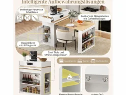 Merax Isla de cocina extensible con ruedas y tablero abatible - 83 x 46 x 96 cm - mesa alta con puerta y cajón - MDF + cristal - Blanco