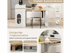 Merax Isla de cocina extensible con ruedas y tablero abatible - 83 x 46 x 96 cm - mesa alta con puerta y cajón - MDF + cristal - Blanco