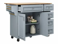 Isla de cocina moderna 130×45×92 cm - con 5 cajones y 2 puertas - encimera extensible - con ruedas -^ModernLuxe Discount