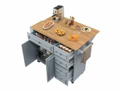 Isla de cocina moderna 130×45×92 cm - con 5 cajones y 2 puertas - encimera extensible - con ruedas -^ModernLuxe Discount