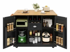 Isla de cocina móvil 140×70×93,5 cm - 1 cajón y 2 puertas - encimera extensible - con ruedas -^ModernLuxe New