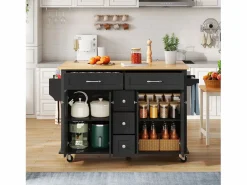 Isla de cocina móvil - encimera extensible - 5 cajones y 4 puertas - con toallero - MDF - negro^ModernLuxe Best