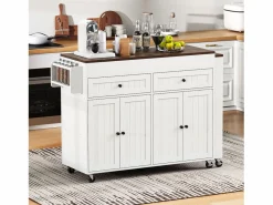 Isla de cocina móvil blanca - Carrito de cocina con 4 puertas y 2 cajones - Superficie extensible y especiero Blanco Online