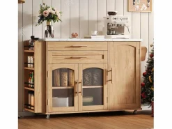 ModernLuxe Isla Cocina|Isla de cocina móvil central - mesa de comedor plegable - con espacio de almacenamiento y estante para especias - con ruedas - Natural