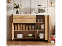 ModernLuxe Isla Cocina|Isla de cocina móvil central - mesa de comedor plegable - con espacio de almacenamiento y estante para especias - con ruedas - Natural