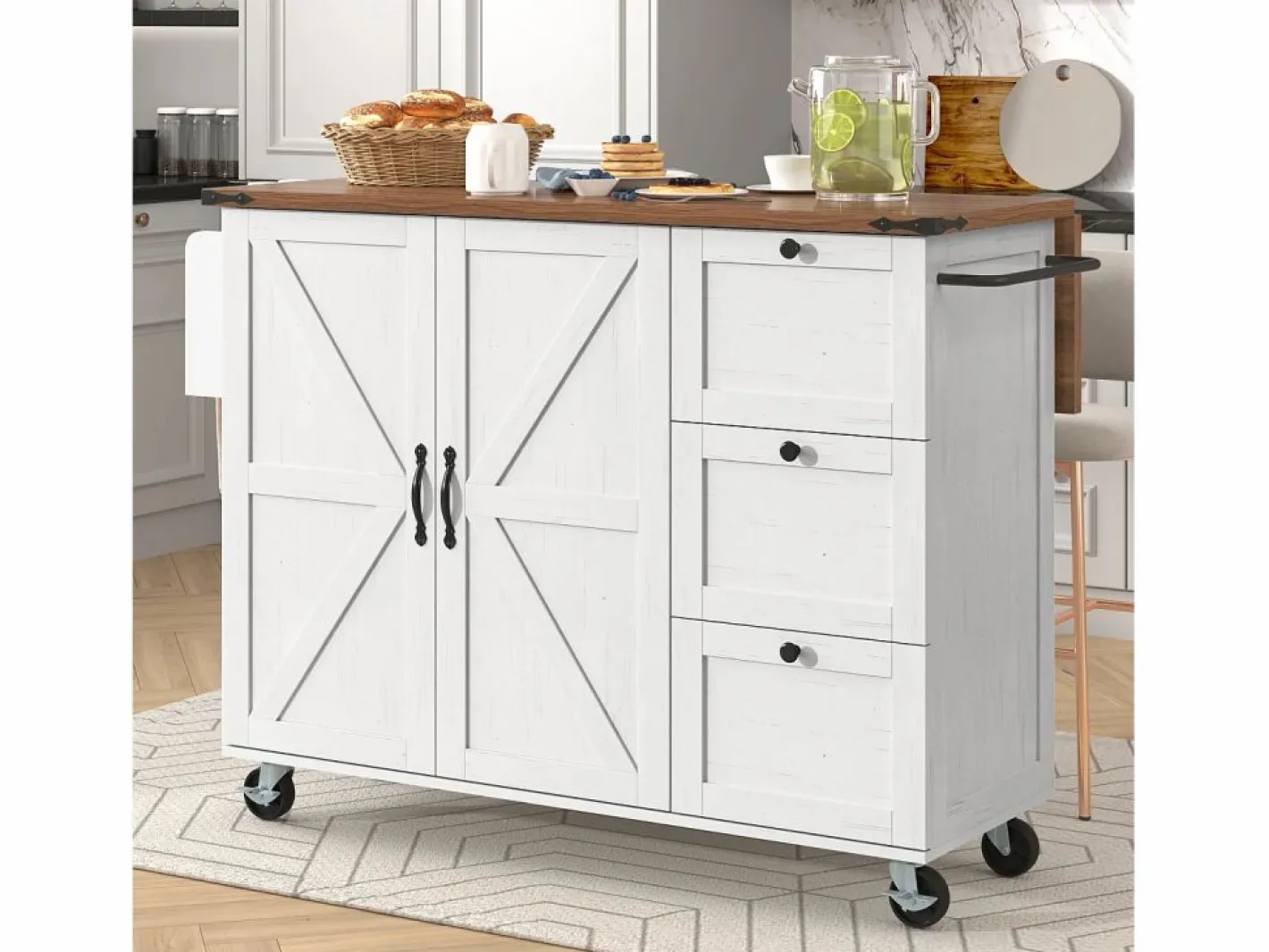 Merax Isla Cocina|Isla de cocina móvil central con 2 puertas y 3 cajones - tapa extensible - 140 x 45/73 x 92,5 cm - Madera MDF + metal - + natural