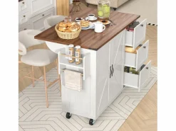 Merax Isla Cocina|Isla de cocina móvil central con 2 puertas y 3 cajones - tapa extensible - 140 x 45/73 x 92,5 cm - Madera MDF + metal - + natural