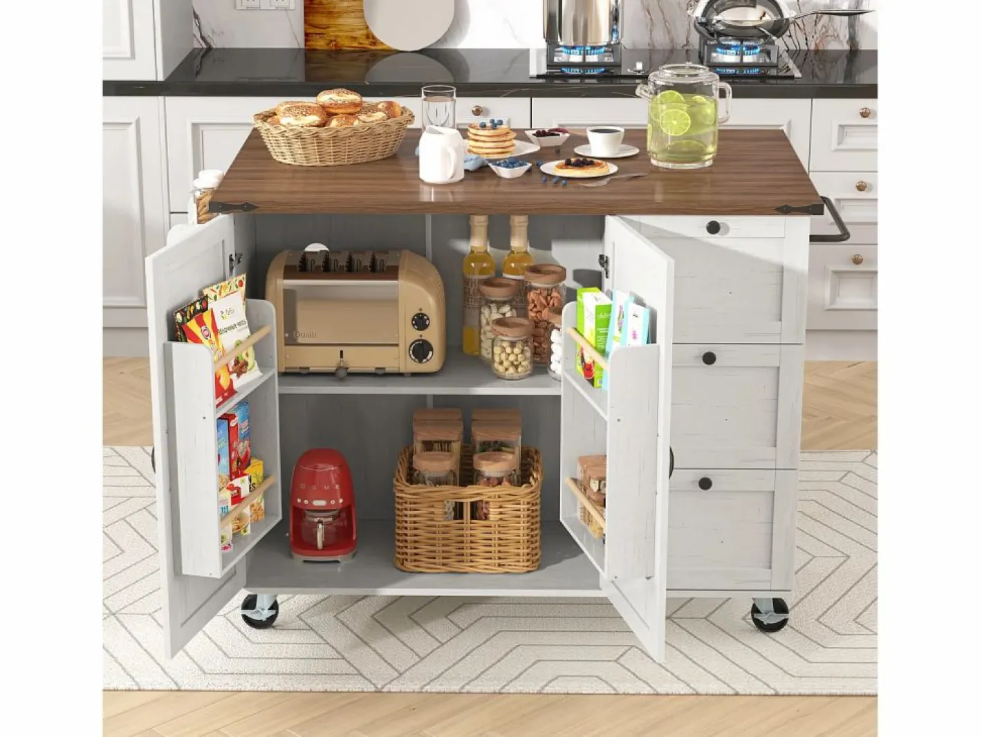 Merax Isla Cocina|Isla de cocina móvil central con 2 puertas y 3 cajones - tapa extensible - 140 x 45/73 x 92,5 cm - Madera MDF + metal - + natural