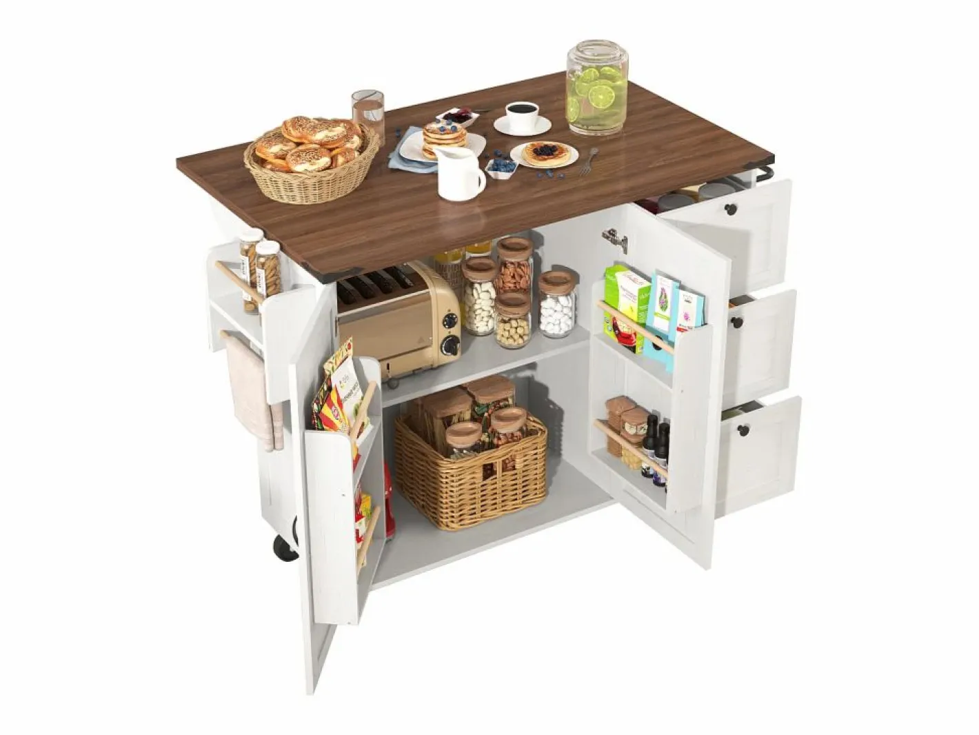 Merax Isla Cocina|Isla de cocina móvil central con 2 puertas y 3 cajones - tapa extensible - 140 x 45/73 x 92,5 cm - Madera MDF + metal - + natural