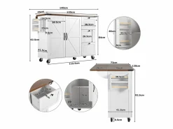 Merax Isla Cocina|Isla de cocina móvil central con 2 puertas y 3 cajones - tapa extensible - 140 x 45/73 x 92,5 cm - Madera MDF + metal - + natural