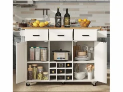 Isla de cocina móvil con 2 puertas, 3 cajones y botellero para 9 botellas - Tablero extensible - 124x40/65x91,5 cm - MDF -^Merax Online