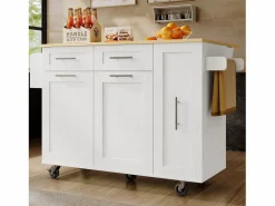 Merax Isla de cocina móvil con 2 puertas, 3 cajones y toallero - Tablero extensible - 134,5 x 46/74 x 90,5 cm - MDF - Blanco Hot