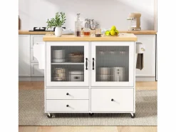 Hauss Spole Isla de cocina móvil con 2 puertas de cristal y 3 cajones - Mesa extensible - Blanco Outlet