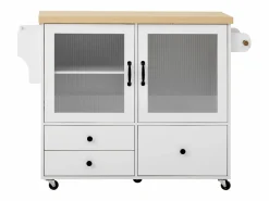 Hauss Spole Isla de cocina móvil con 2 puertas de cristal y 3 cajones - Mesa extensible - Blanco Outlet