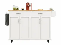 Merax Isla de cocina móvil con 4 puertas y 2 cajones - Tablero extensible - 106x50(78)x90,5cm - Madera MDF - y natural Blanco New