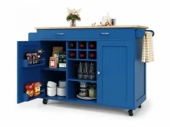 Merax Isla de cocina móvil con 2 cajones, 2 puertas y botellero para 6 botellas - 102x45x92cm - MDF y metal - Azul Clearance