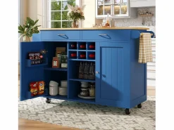 Merax Isla de cocina móvil con 2 cajones, 2 puertas y botellero para 6 botellas - 102x45x92cm - MDF y metal - Azul Clearance