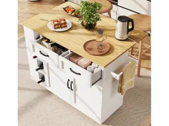 Merax Isla Cocina|Isla de cocina móvil con 2 puertas, 2 cajones y 4 botelleros - Tablero extensible - 131,5x43(76)x90,7cm - MDF - y natural
