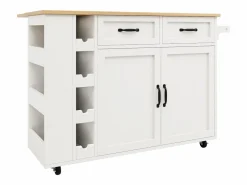 Merax Isla Cocina|Isla de cocina móvil con 2 puertas, 2 cajones y 4 botelleros - Tablero extensible - 131,5x43(76)x90,7cm - MDF - y natural