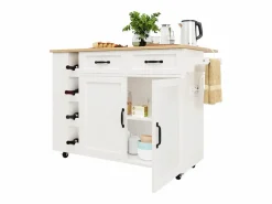 Merax Isla Cocina|Isla de cocina móvil con 2 puertas, 2 cajones y 4 botelleros - Tablero extensible - 131,5x43(76)x90,7cm - MDF - y natural