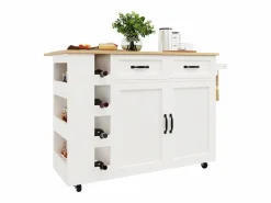 Merax Isla Cocina|Isla de cocina móvil con 2 puertas, 2 cajones y 4 botelleros - Tablero extensible - 131,5x43(76)x90,7cm - MDF - y natural