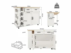 Merax Isla Cocina|Isla de cocina móvil con 2 puertas, 2 cajones y 4 botelleros - Tablero extensible - 131,5x43(76)x90,7cm - MDF - y natural