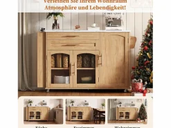 Merax Isla Cocina|Isla de cocina móvil con encimera abatible - 138 x 45 (70) x 90 cm - con estante + 2 cajones + 3 puertas - MDF - natural