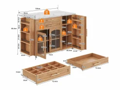 Merax Isla Cocina|Isla de cocina móvil con encimera abatible - 138 x 45 (70) x 90 cm - con estante + 2 cajones + 3 puertas - MDF - natural