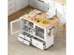 Isla de cocina móvil con mesa de comedor extensible - 100 x 42/70 x 91,5 cm - con puertas + 3 cajones - MDF - + natural^Merax Online