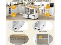 Isla de cocina móvil con mesa de comedor extensible - 100 x 42/70 x 91,5 cm - con puertas + 3 cajones - MDF - + natural^Merax Online