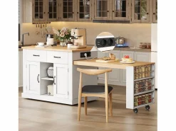 Merax Isla Cocina|Isla de cocina móvil con mesa extensible - 132/235 x 60 x 93 cm - mesa de bar con estantes + puertas + cajón - MDF -
