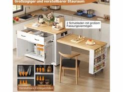 Merax Isla Cocina|Isla de cocina móvil con mesa extensible - 132/235 x 60 x 93 cm - mesa de bar con estantes + puertas + cajón - MDF -