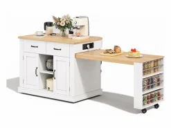 Merax Isla Cocina|Isla de cocina móvil con mesa extensible - 132/235 x 60 x 93 cm - mesa de bar con estantes + puertas + cajón - MDF -
