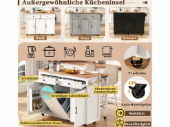 Merax Isla de cocina móvil extensible - 120 x 40/75 x 92 cm - con 3 puertas + 2 cajones - MDF - Blanco Online